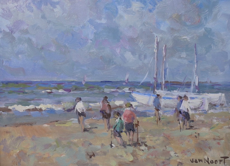 Arie Van Noort (1914-2003), two oils on board, Dutch beach scenes, signed, 14 x 19cm